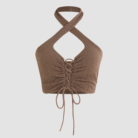 Cider Cut-Out Halter Tank Top with Corset Front + Cross Neck Tie in Brown | S - Picture 4 of 9